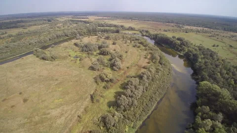 View from the drone. River, sandy beach, field, forest Stock-Footage 149026984
