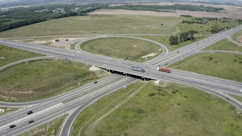 View from the drone road traffic outside the city Stock Footage 113296802