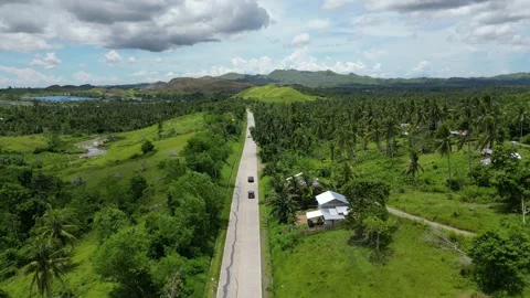 View from drone on road on which several cars are driving. Road passing through Stock Footage 233230299