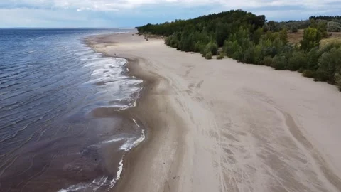 View from a drone of a sandy beach on the banks of the Volga River. Togliatti Stock Footage 255326751