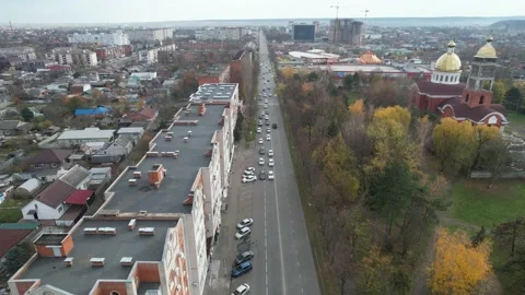The view from the drone shows the road with markings, transport in the city. Stock Footage 222419899