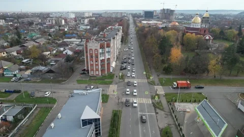 The view from the drone shows the road with markings, transport in the city. Stock Footage 222420149