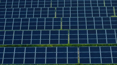 View from drone of solar panels arranged in rows on field Stock Footage 160098951