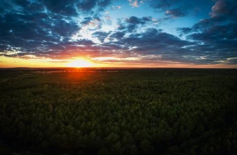 View from the drone at sunset over the forest Stock Photos