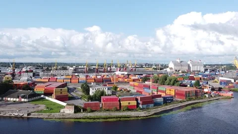 View from the drone to the warehouse of sea containers Stock Footage 159060605