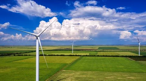 View from Drone at windpark and windmill farm. Wind turbine from aerial view. Stock-Fotos