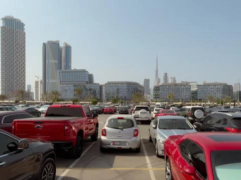 View of the Dubai design district office buildings from the parking lot Stock Photos