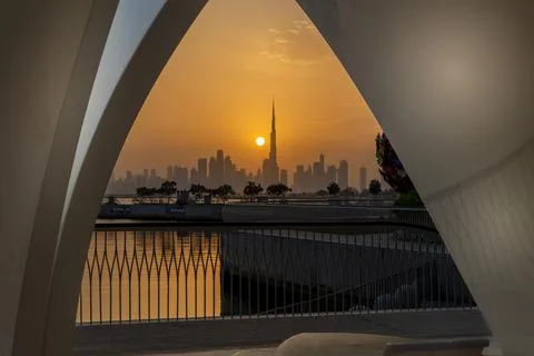 View of Dubai outside through a triangle structure Stock Photos
