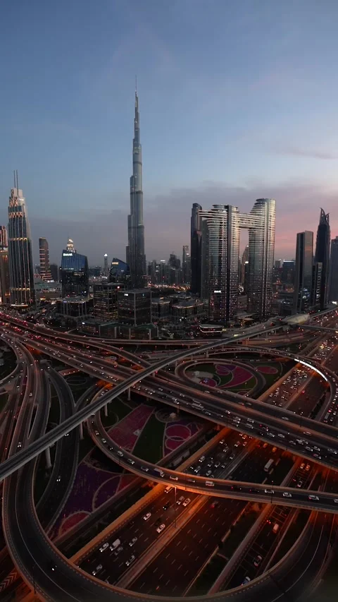 A view of the Dubai skyline and the junction of the roads in the valley Stock Footage 241949067