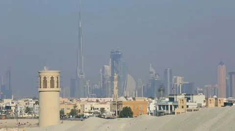 View of Dubai skyscraper and Burj Khalifa Stock Footage 45806470