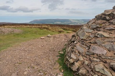 View from Dunkery Beacon summit across the Bristol Channel, Exmoor, Somerset Stock Photos