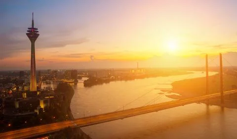 View of Dusseldorf at sunset time Stock Photos