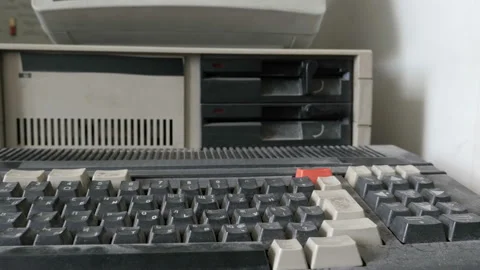 The view of dusty keyboard on the retro computing machine Stock Footage 90444717