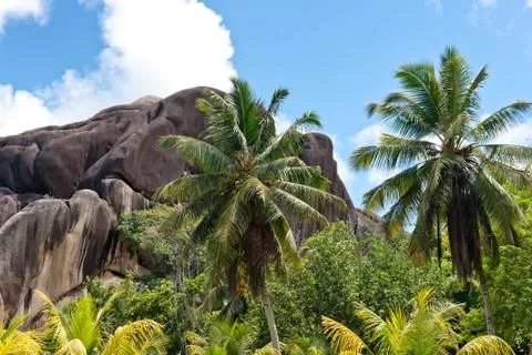 View of eagles nest mountain, la digue, seychelles Stock Photos