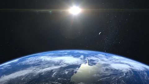 View of Earth and moon from space. The moon is moving up. Flight over the Earth Stock Footage 116499317