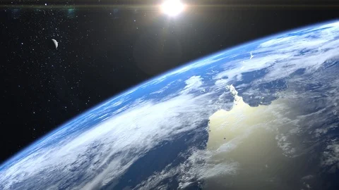 View of Earth and moon from space. The camera rotates and flies away from the Stock Footage 117296710