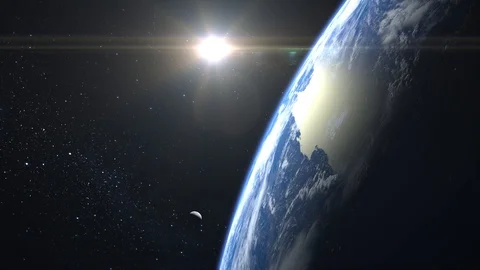 View of Earth and moon from space. The camera rotates and approaches Earth Stock Footage 118768604