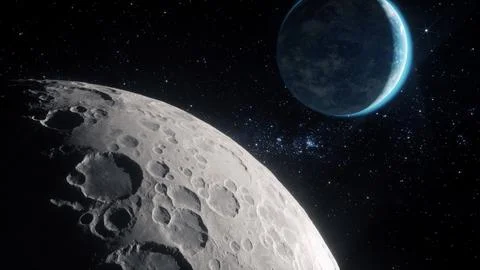 View of earth and moon from space. Distance between earth and moon. Illustrazione stock