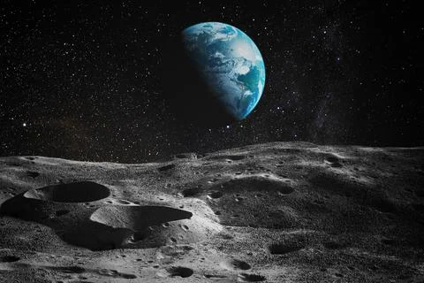 View on Earth from Moon. Elements of this image furnished by NASA. 3D rendere Stock Photos