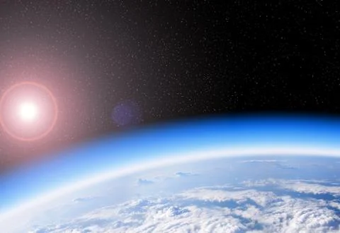 View of the Earth from space adn sun, blue planet and deep black space 库存照片