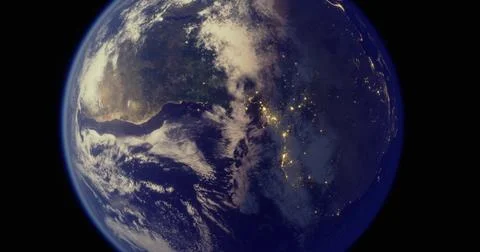 View of Earth from space showcasing clouds, oceans, and city lights at night Stock Illustration