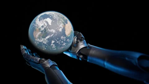 A view of Earth from space, showing an outstretched robot arm, symbolizing the Stock Footage 284459846