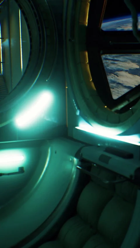 View of Earth from a spacecraft window with space equipment present Stock-Footage 344963824