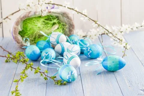View Easter eggs spring branches Stock Photos