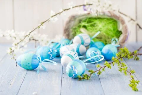 View Easter eggs spring branches Stock Photos