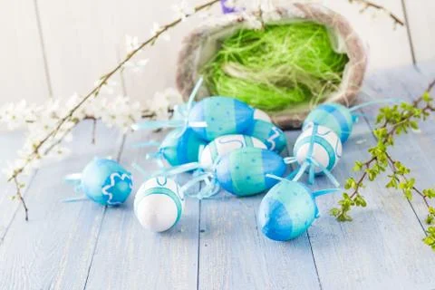 View Easter eggs spring branches Stock Photos