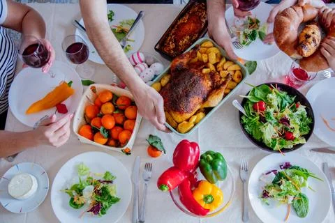 View at Easter holiday table with food. Stock Photos