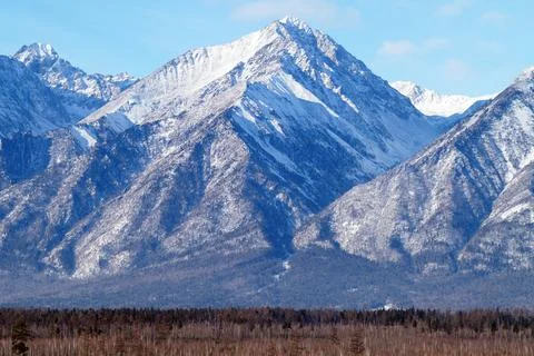 View of the Eastern Sayan Mountains on a clear day Stock Photos