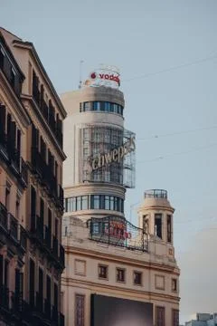 View of Edificio Capitol on Gran Via, Madrid, Spain, selective focus. Stock Photos
