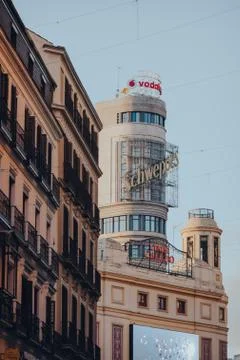 View of Edificio Capitol on Gran Via, Madrid, Spain, selective focus. Stock Photos