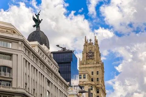 View of Edificio Telefonica and other buildings on Gran Via shopping street i Stock Photos