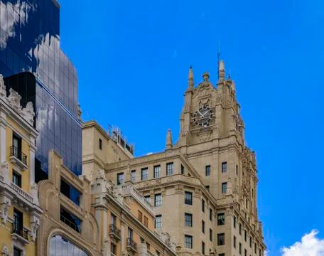 View of Edificio Telefonica and other buildings on Gran Via shopping street i Stock Photos