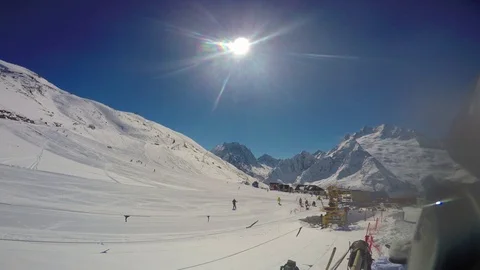 View of the educational ski slopes of Dombai with riding people Stock Footage 74249751