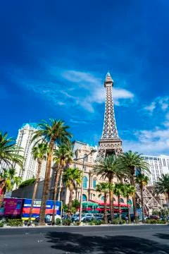 View of Eifel Tower of the Paris Hotel and Casino on The Strip, Las Vegas Bou Stock Photos