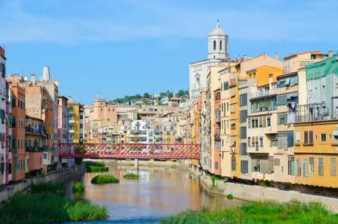 View of Eiffel Bridge across Onyar River, Cathedral and buildings, Girona, Spain Stock Photos