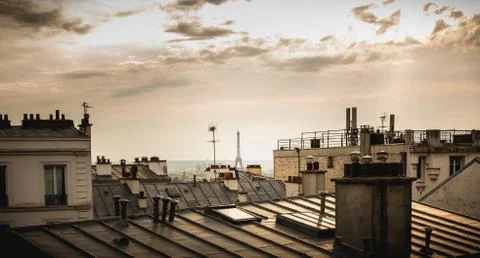 View of the Eiffel Tower above the rooftops of Paris Fotos Stock