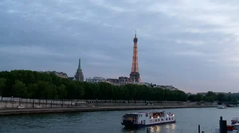 View of Eiffel Tower from across the Seine river - Paris France Stock Footage 21314960