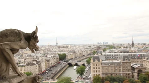 View of Eiffel Tower and Gargoyle of Notre Dame Stock Footage 43981875