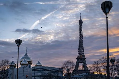 View on the Eiffel tower and the Orthodox cathedral in Paris Stock Photos