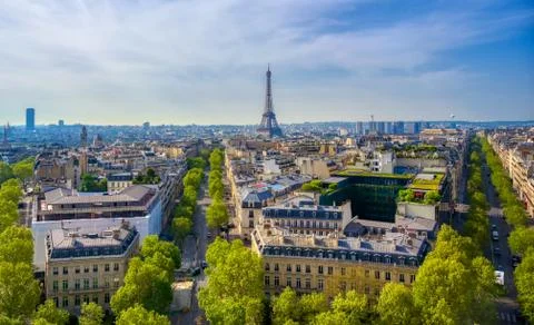 A view of the Eiffel Tower and Paris, France from the Arc de Triomphe. Stock Photos