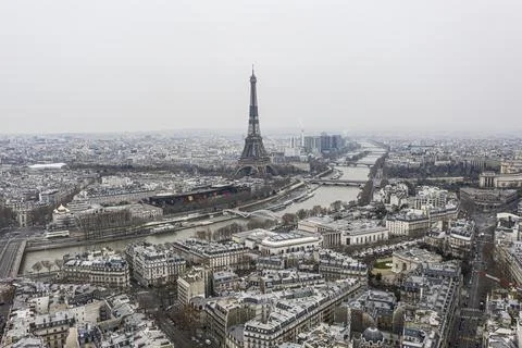 View on Eiffel tower and the river over the roofs of Paris on a grey cloudy d Fotos Stock