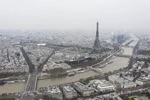 View on Eiffel tower and the river over the roofs of Paris on a grey cloudy d Fotos Stock