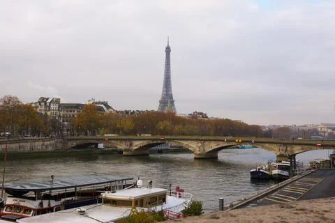 View of Eiffel Tower and Seine River with Boats and Bridge in Paris 22.10.2023 Stock Photos