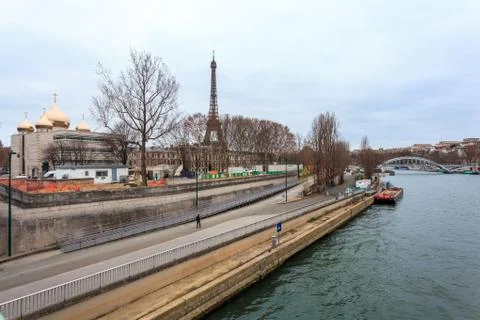View of Eiffel Tower and sienna river in Paris, France Stock Photos