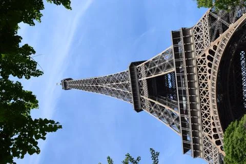View of the Eiffel Tower from bottom, with tree in forefront. Paris Landscape. 스톡 사진