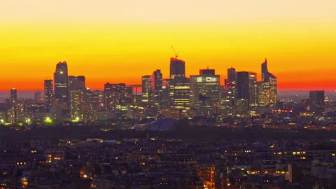 View from the Eiffel Tower to the business district of Defense at sunset, Paris Stock Footage 310609370